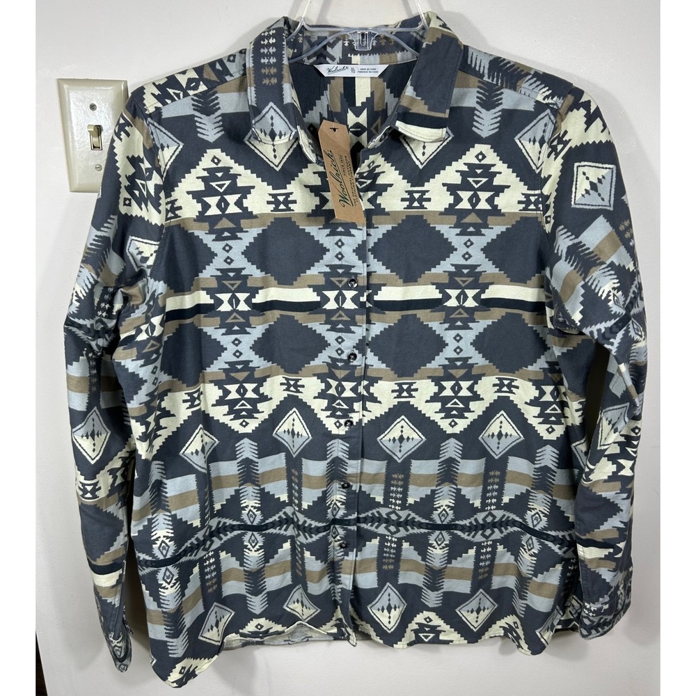 Woolrich Keystone Flannel Shirt Women XL Gray Aztec Southwestern Geometric NEW